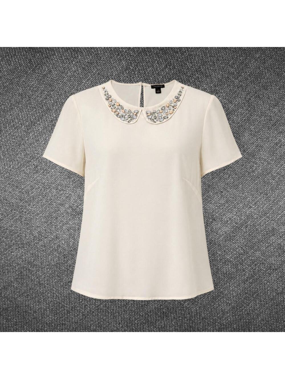 Ann Taylor Size S Ivory Jeweled Peter Pan Collar Short Sleeve Blouse
